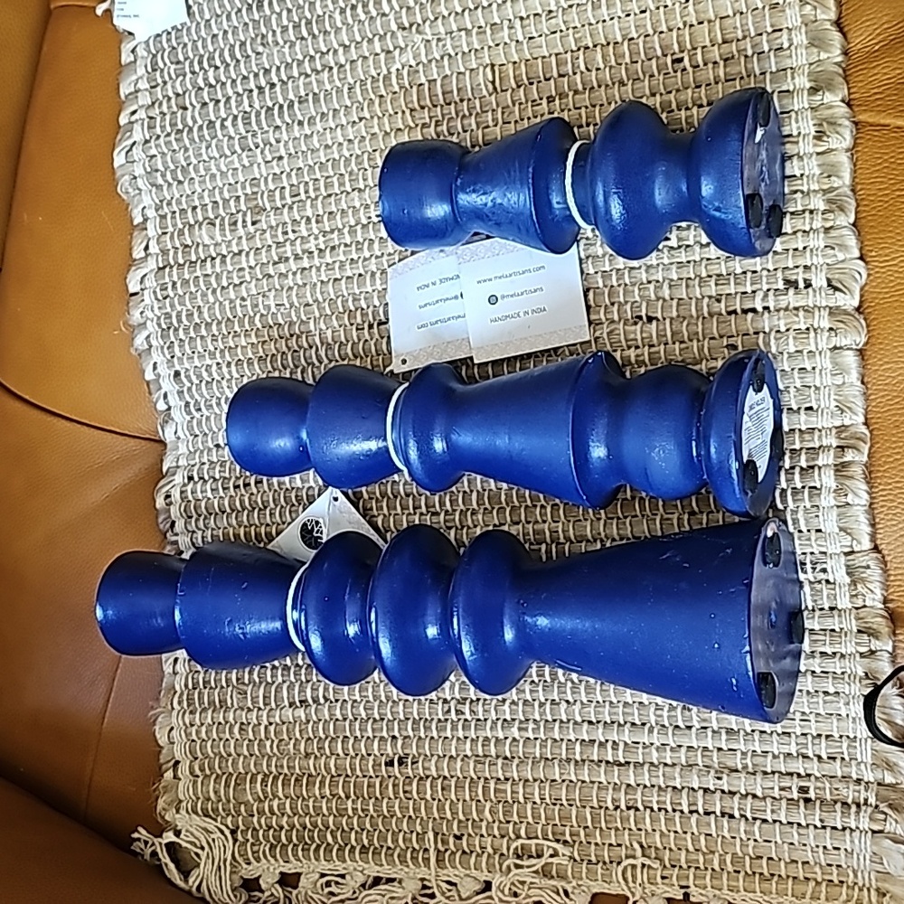 Set of 3 wooden carved geometric cobalt blue artisan Indian candle holders